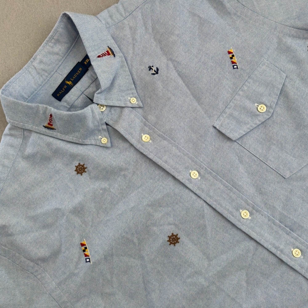 Ralph Lauren Mens XXL Light Blue Nautical Embroidered Short Sleeve Oxford Shirt